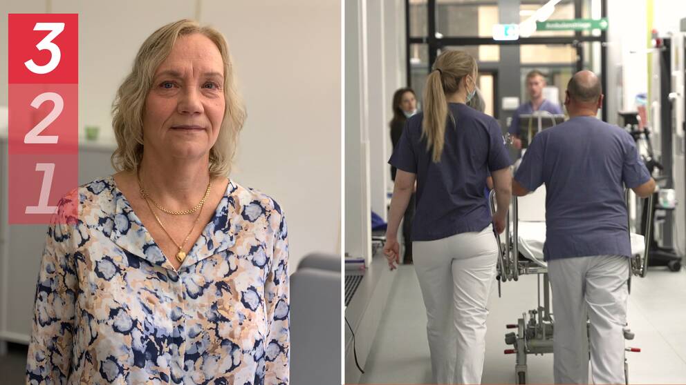 Till vänster en bild på en kvinna som heter Lena Lindh, på den bilden ligger grafik där det står ”3, 2, 1”. Till höger en bild på vårdpersonal som går i en korridor.