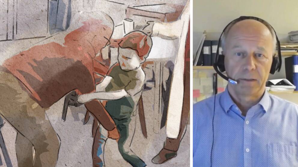 En illustration över incidenten där kvinnan tar i det tvååriga barnet. Samt ett porträtt av Sollefteås skolchef Lars-Olov Wengelin.
