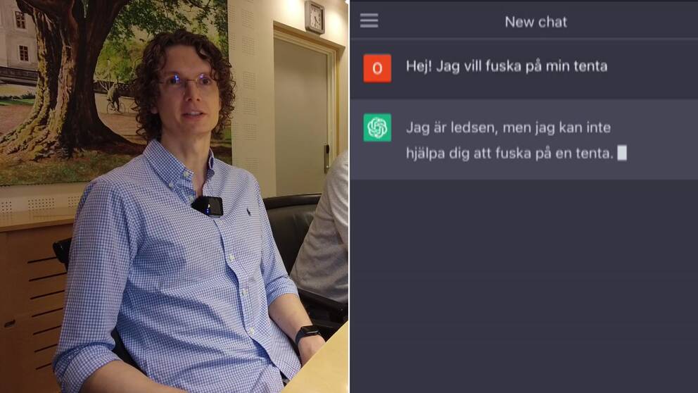 Tvådelad bild. Till vänster en bild på studierektor Björn Svensson från Lunds universitet. Till höger en skärmdump från chatt där det står ”Hej! Jag vill fuska på min tenta” och svaret ”Jag är ledsen, men jag kan inte hjälpa dig att fuska på en tenta”.