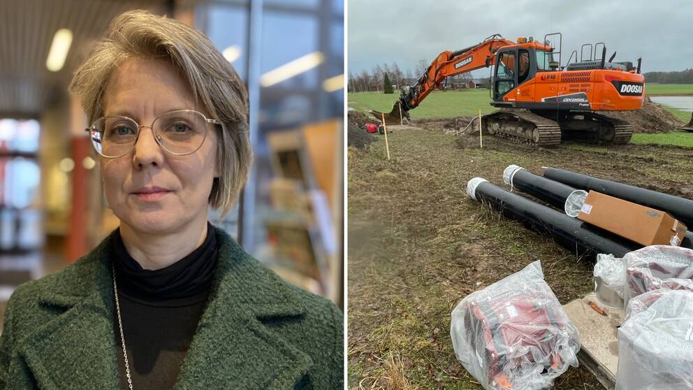 Susanne Jarl, teknisk chef vid Askersunds kommun. Andra halvan, orange gravmaskin av märket Doosan, står på grön fält med uppgrävt hål och svarta rör i förgrunden.
