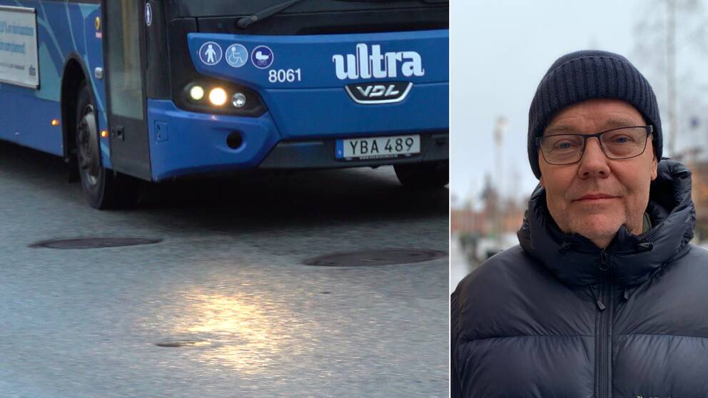 Till väster syns en stadsbuss i Umeå på hal underlag, till höger syns Fredrik Forsell, kollektivtrafikchef på Umeå kommun.
