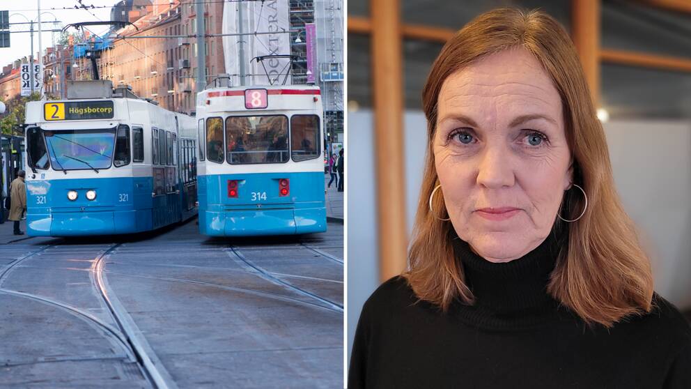 En bild på spårvagnar och en kvinna med rött hår