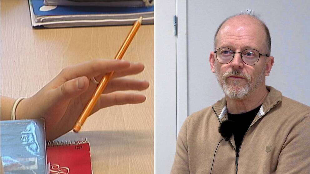 Bild på hand som håller penna mellan fingrarna och en bild på en man med brun tröja. Personen heter Bo Sundahl och jobbar på den fackliga organisationen Sveriges Lärare i Katrineholm. Han pratar om framtidsutsikterna för lärarna och skolan i Katrineholm när 50 anställda varslas.