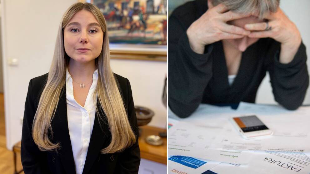 Kommunstyrelsens ordförande i Sala, Amanda Lindblad (S) tillsammans med en kvinna som tittar på alla sina räkningar på bordet.