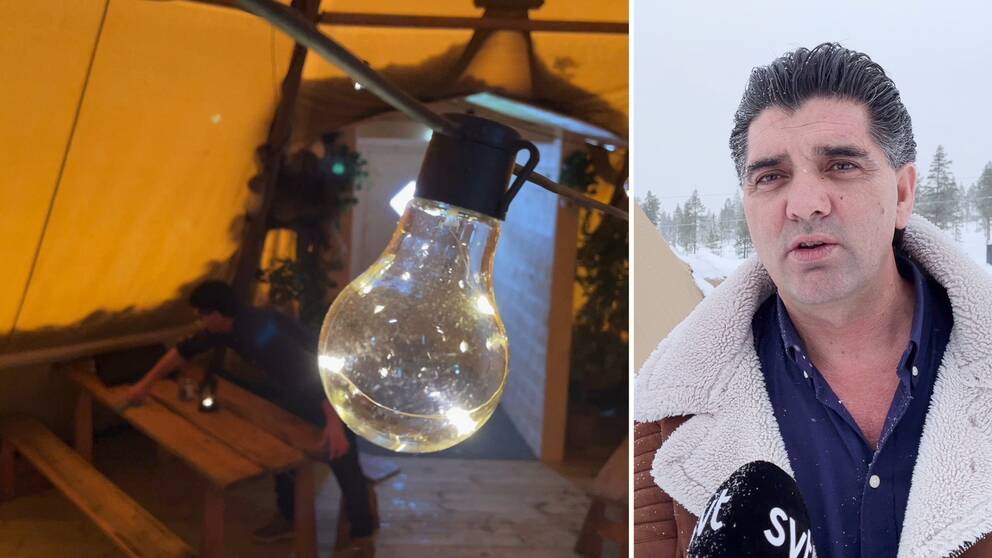 Till vänster: Närbild på en glödlampa som hänger i en sladd i taket, i bakgrunden syns hur en person torkar av ett bord. Till höger: Fari Caken, restaurang och nattklubbsägare i Idre, fotograferad utomhus i vinterkläder framför ett snötäckt landskap.
