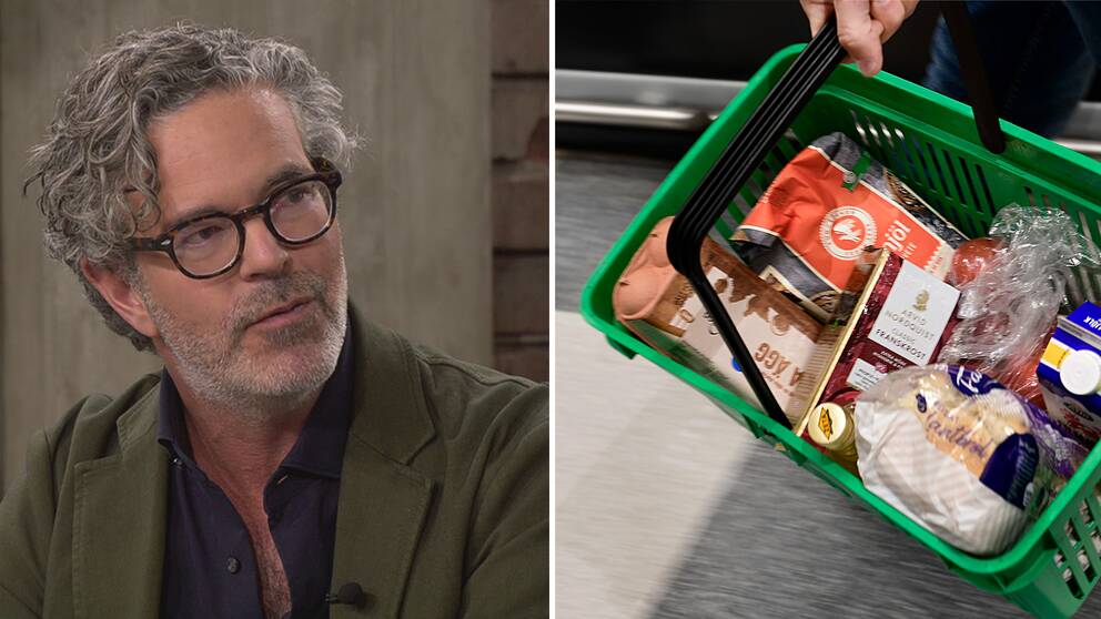 Henrik Mitelman, ekonomijournalist och en bild på en korg mat till höger.