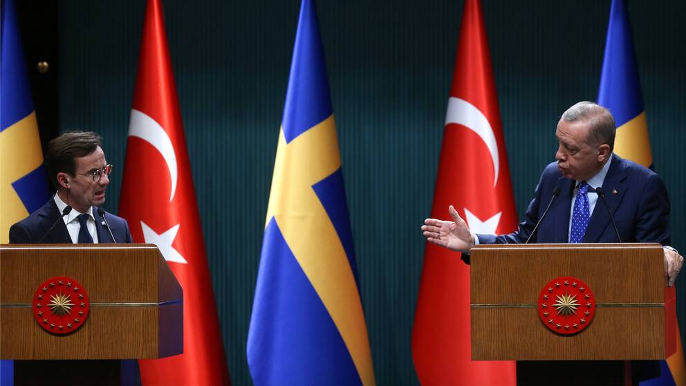Sveriges statminister Ulf Kristersson och Turkiets president Recep Tayyip Erdogan.