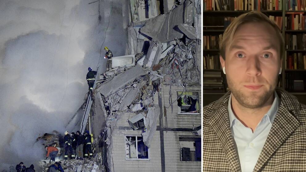 Räddningsarbetare arbetar i rasmassor efter attack mot ett hus i Ukraina, till höger en mindre bild på Oscar Jonsson, doktor i krigsvetenskap och forskare vid Försvarshögskolan. 
