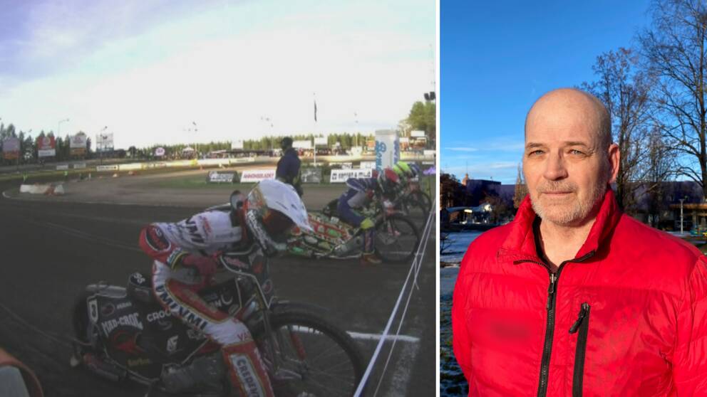 speedwayförare redo för start till vänster, porträttbild på Roger Hultman till höger.