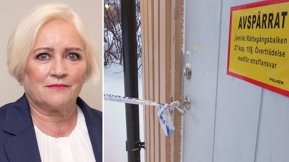 Barnombudsmannen Elisabeth Dahlin och en avspärrning från brottsplatsen där 8-åringen i Luleå hittades avliden.