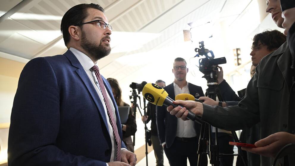 Sverigedemokraternas partiledare Jimmie Åkesson intervjuas av TT efter partiledardebatten i riksdagen under onsdagen.