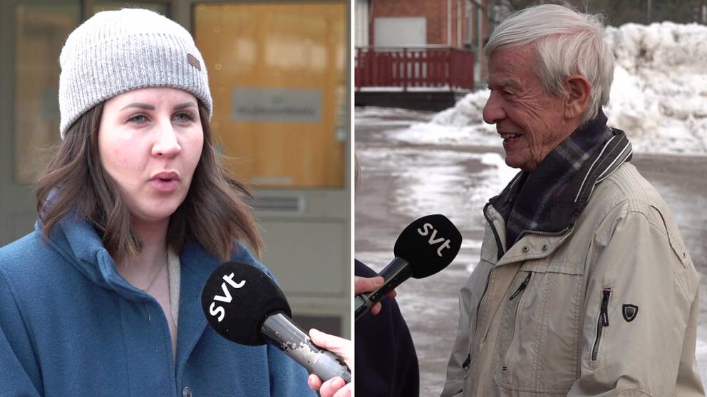 Till vänster syns en kvinna i blå kappa och mössa, hon heter Veera och är glad över att inte ha ett stort hus att värma upp i vinter. Till höger syns en man i ljus jacka som skrattande svarar på frågan om elpriset har ökat något.