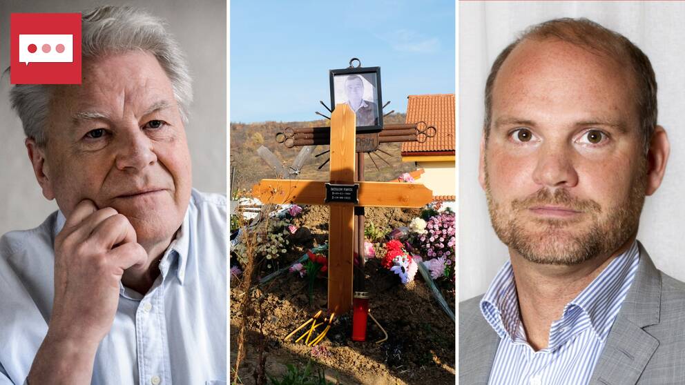 En tvådelad bild. I mitten syns ett träkors med den avlidne gästarbetaren Fanica Gherasim som dog på arbetsplatsolyckan i augusti. Vid sidan av honom syns två män – experter på arbetsrätt.