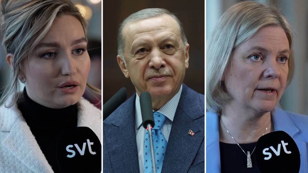 Bild på Ebba Busch, bredvid bild på Turkiets Erdogan, bredvid bild på Magdalena Andersson.