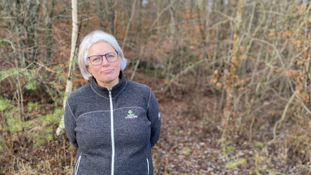 Bild på kvinna framför skogsbryn. Kvinnan heter Kerstin Hannrup Broad och är distriktschef på Skogsstyrelsen i Blekinge.