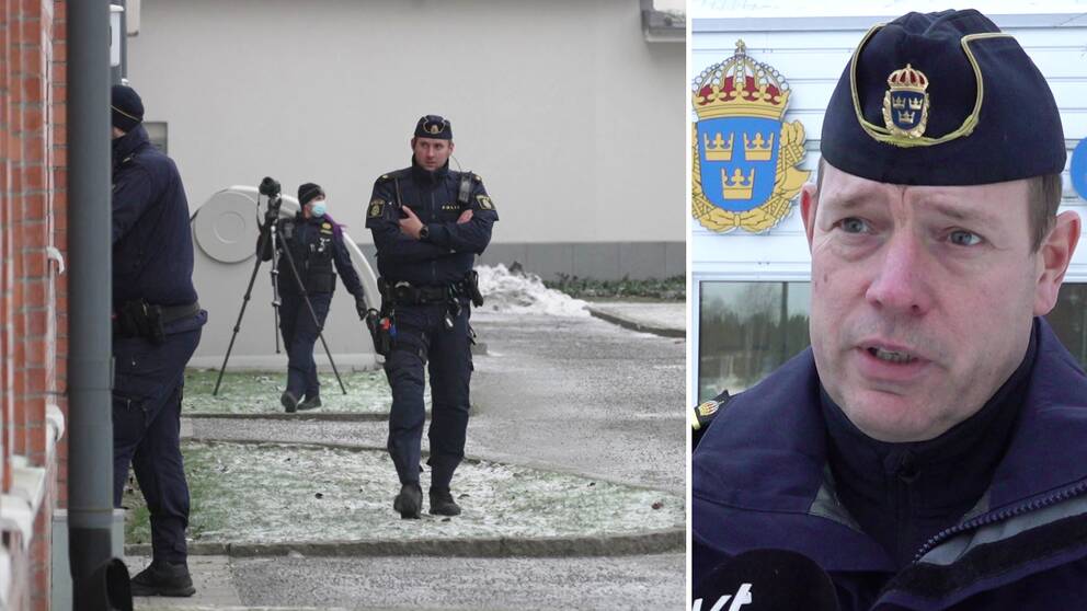 Delad bild. Till vänster: Polis som går med armarna i kors. Bakom honom en polis med munskydd och en kamera. Till höger: Micael Säll Lindahl, regionpolischef i Nord