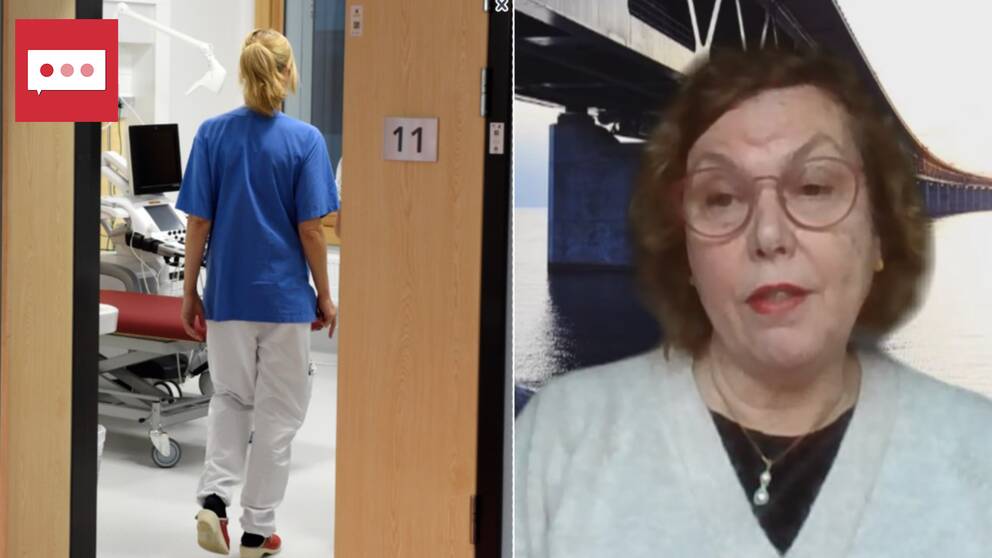 Bild på en sjuksköterska med blå tröja och vita byxor som står i ett sjukhusrum med ryggen vänd mot kameran. Även en bild på en kvinna med mörkt hår och vit tröja som sitter framför en bild på en lång bro. Kvinnan heter Maria Ingvarsson och äh HR-strateg i Region Skåne. Hon svarar på tre frågor om hur de blev den enda regionen att uppnå ett oberoende av hyrpersonal inom vården.