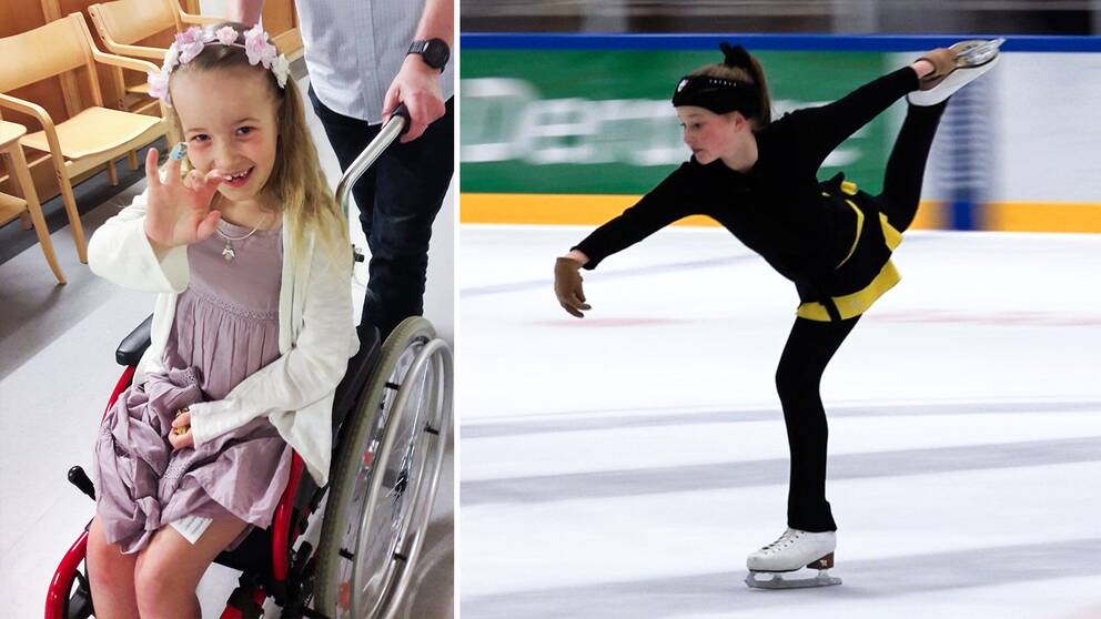 En bild på en sjuårig Vilma i rullstol i klädd en klänning och en blommigt diadem, sen vilma som åker skridskor på ett ben och ett uppsträkt i luften.