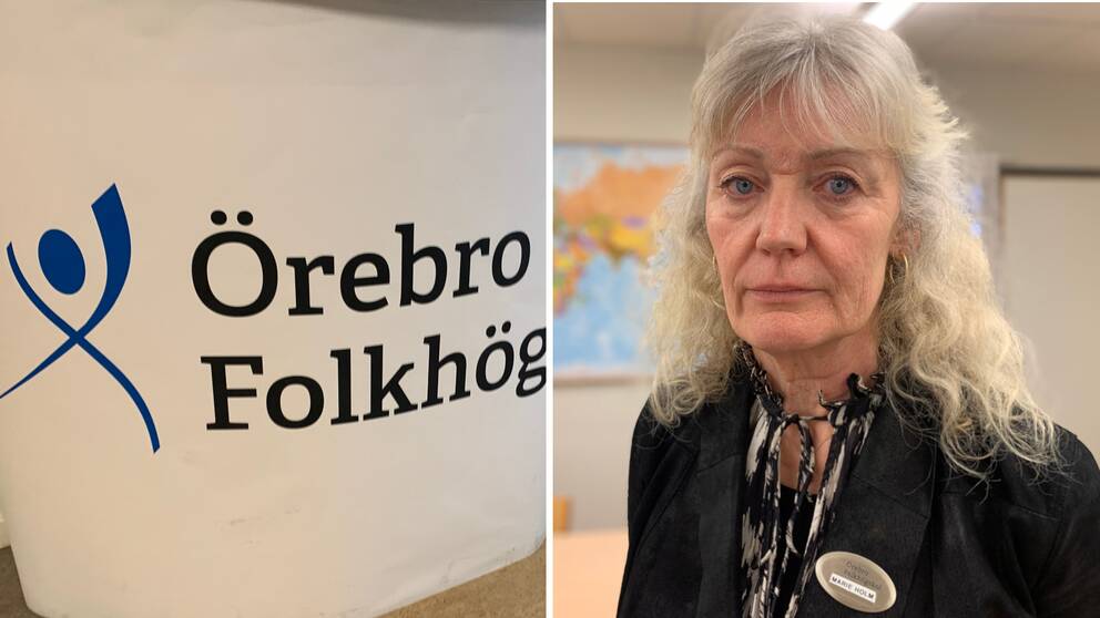 Bild på skylt där det står Örebro folkhögskola och en bild på en kvinna med långt ljust hår och svarta kläder. Kvinnan heter Marie Holm och är rektor vid Örebro folkhögskola. I klippet pratar hon om hennes kritik mot regeringen och pandemistödet.