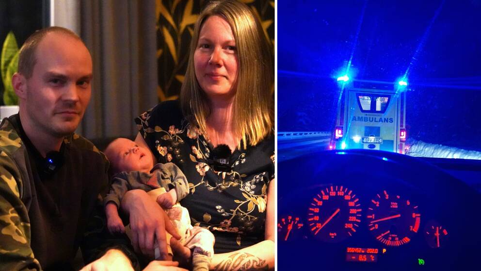Delad bild. Till vänster: Stina Eliasson och Mikael Berglund från Vilhelmina sitter med dottern Lea i famnen. Till höger: bild på ambulans, tagen inifrån bil, på mörk väg
