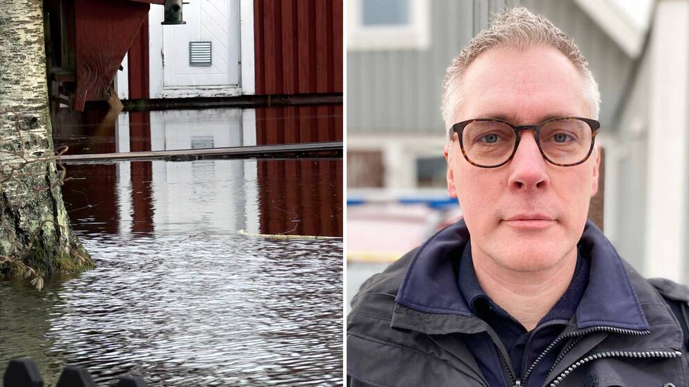 Till vänster översvämmad mark. Till höger Fredrik Björnberg, vakthavande räddningschef i Jönköpings län.