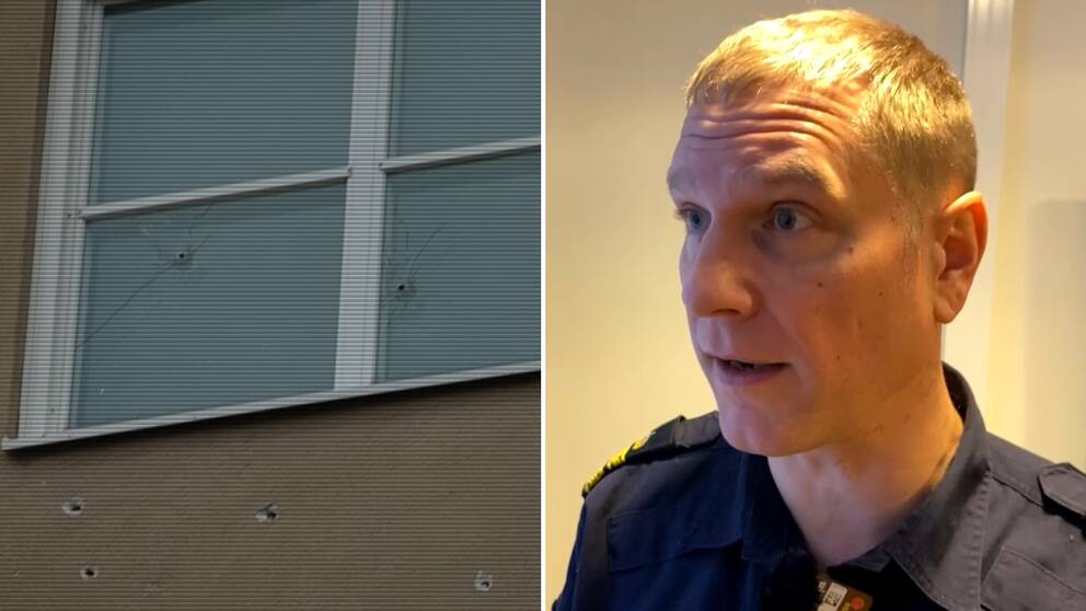 SKotthål genom fönster och på husvägg, lokalpolisområdeschef Josef Wiklund.