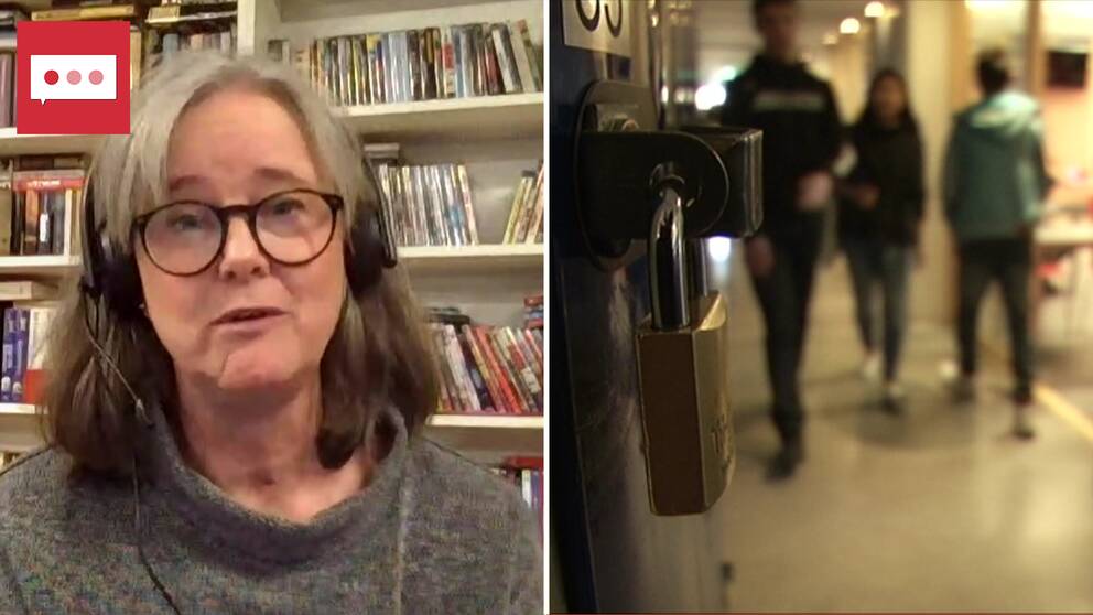 En kvinna med grått hår och glasögon framför en bokhylla och en bild med en skolkorridor med elever.