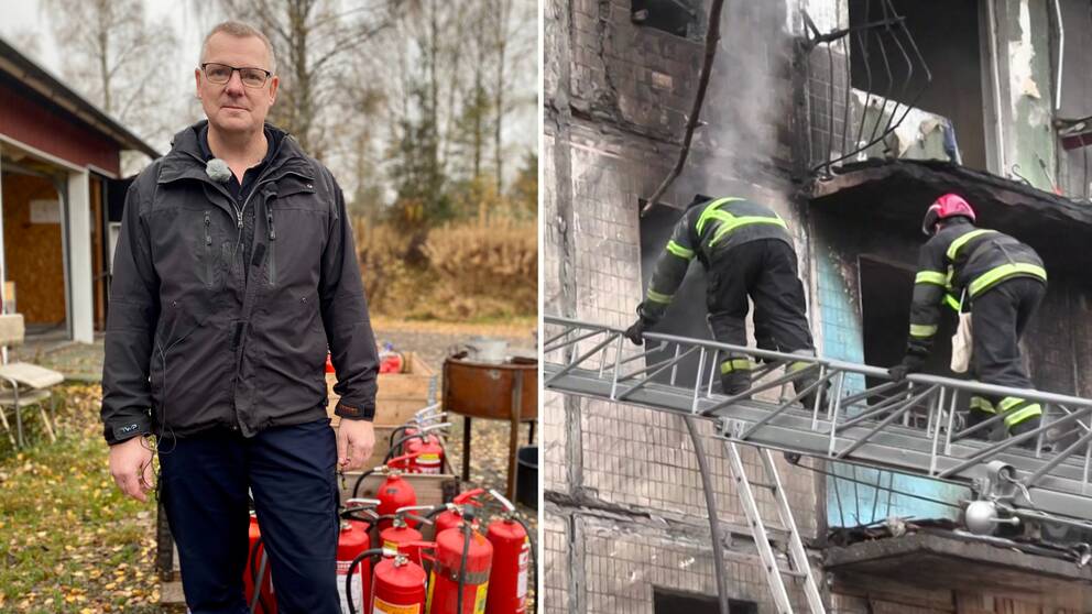 Brandmän klättrar på stege utanför utbränt hus