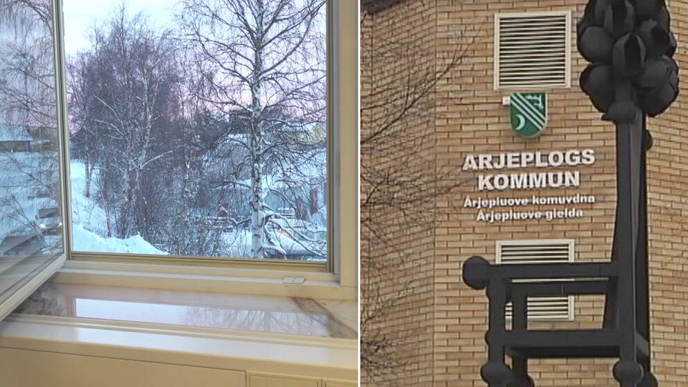 Bild på ett öppet fönster i Arjeplogs kommunhus. Samt fasaden på kommunhuset.