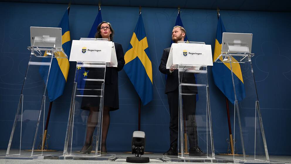 Migrationsminister Maria Malmer Stenergard (M) och Sverigedemokraternas gruppledare i riksdagen Henrik Vinge.
