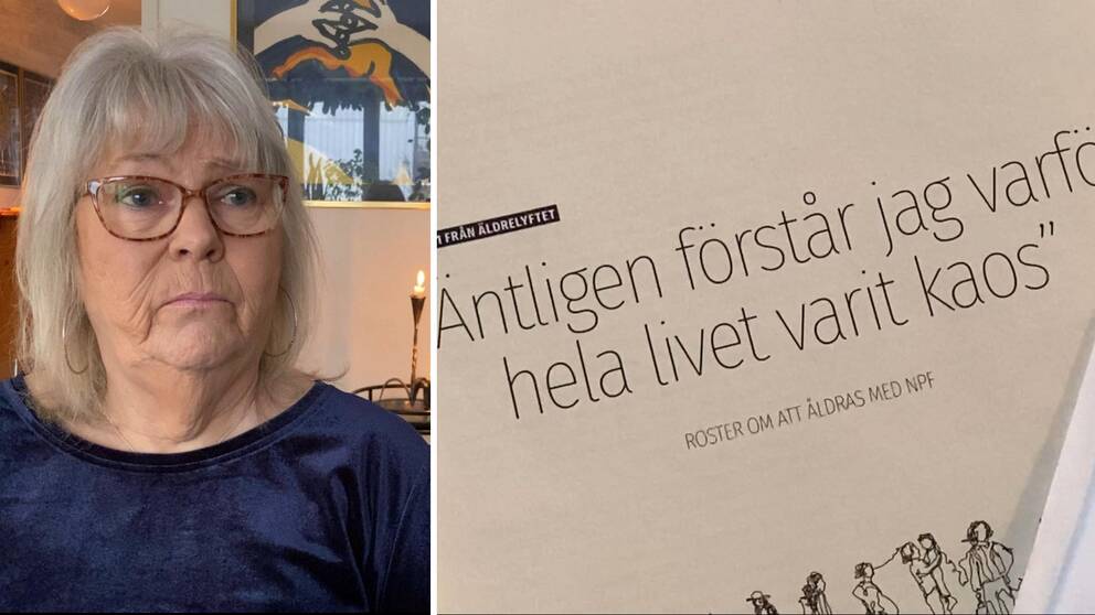 Britt Berglund Högström med en broschyr om att vara äldre och leva med ADHD.