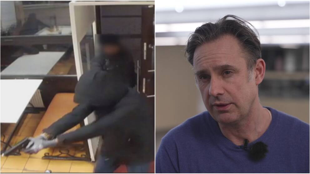 Övervakningsbild av två unga gärningsmän med skjutvapen till vänster i bild. Till höger en porträttbild på kriminolog Sven Granath.