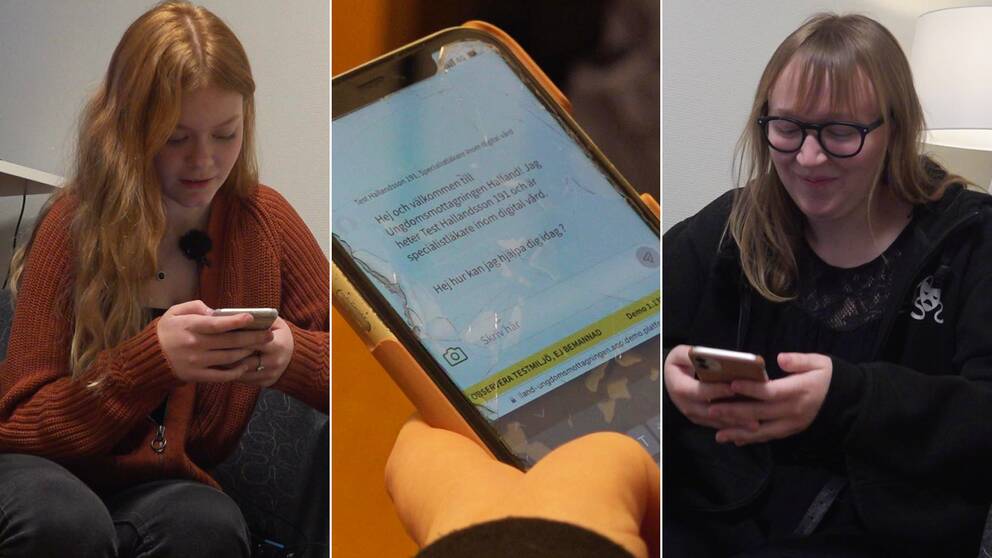 Två bilder på ungdomarna Simone och Agnes samt en telefon med ett meddelande från en barnmorska på ungdomsmottagningen.