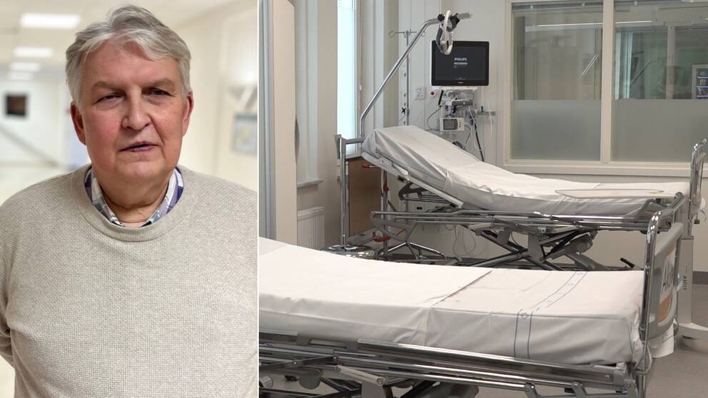 Delad bild. Till vänster: Stig-Evert Tornberg, verksamhetschef på ortopediska kliniken i Umeå. till höger: En tom vårdsäng.