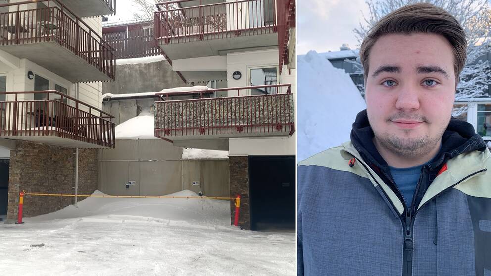 Avspärrningsband framför stödmuren vid husen i Åre och en bild på Joachim Eriksson.