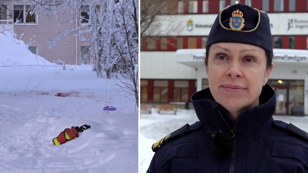 Till vänster blod i snö till höger en kvinnlig polis som tittar mot kameran.