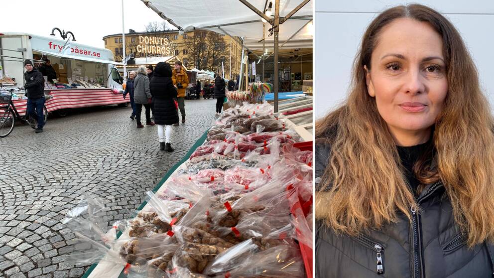 Vänster: marknadsstånd med godis i förgrunden från Hindersmässan år 2023 i  Örebro. Höger: Ajdina Ranica från Örebro kommun är ny arrangör och planerare för Hindersmässan.