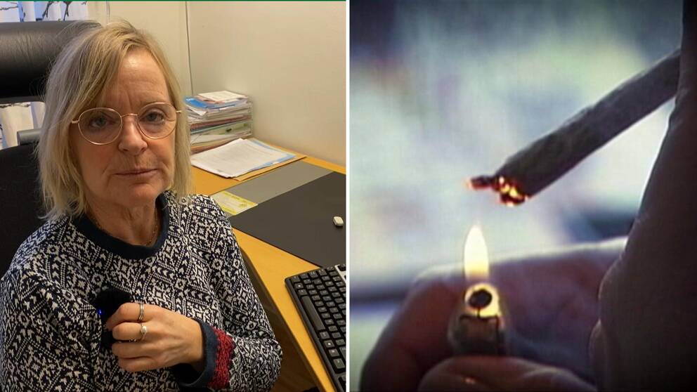 Till vänster sitter Härjedalen kommuns folkhälsosamordnare vid sitt skrivbord. Till höger är en bild på en person som röker cannabis.