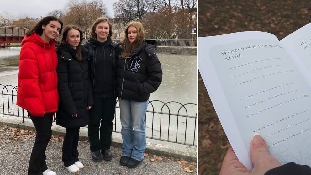 Gruppbild på författarna framför en bro och ett ett uppslag ur boken