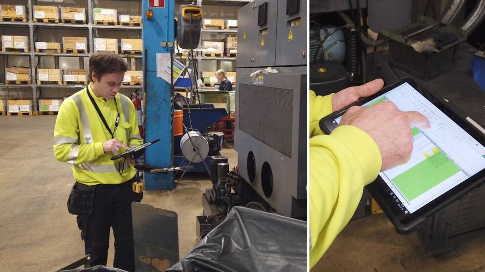 På ena halvan står Mattias i en industri och läser av en läsplatta, andra halvan av bilden är på själva läsplattan