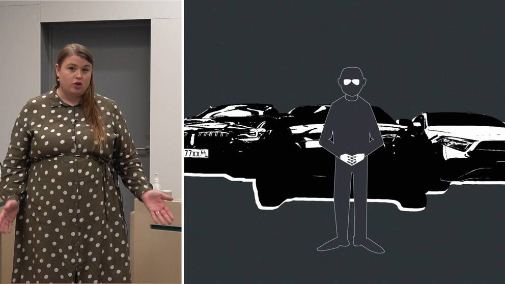 En bild på reporter Emma Johansson och en bild på grafik som visar en skuggad man med tre bilar bakom sig.