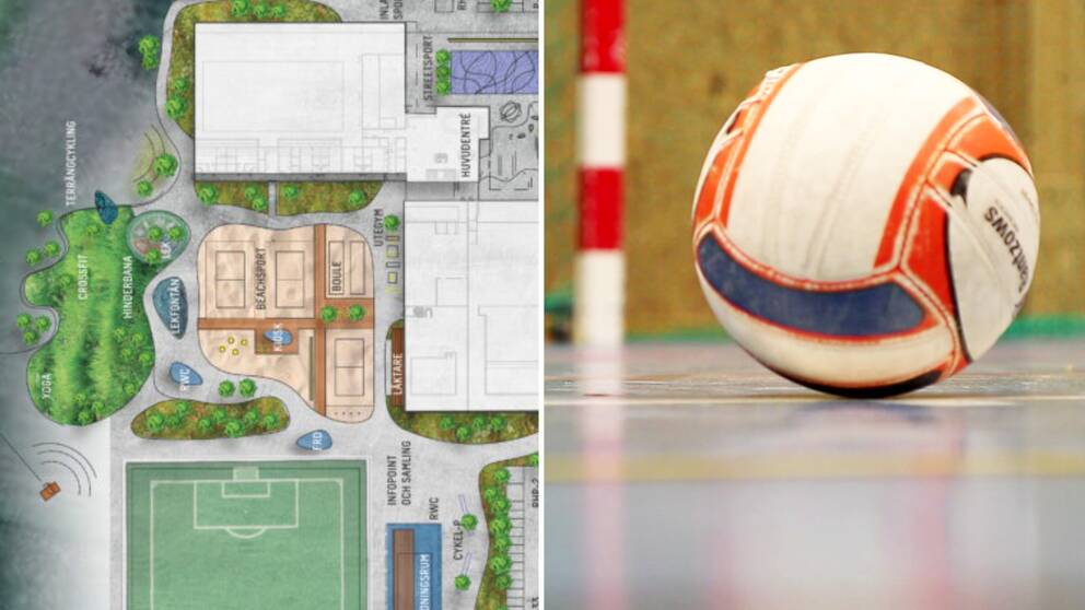 Tvådelad bild: Byggritning över det nya sportcentret i Vingåker och en boll i en sporthall.