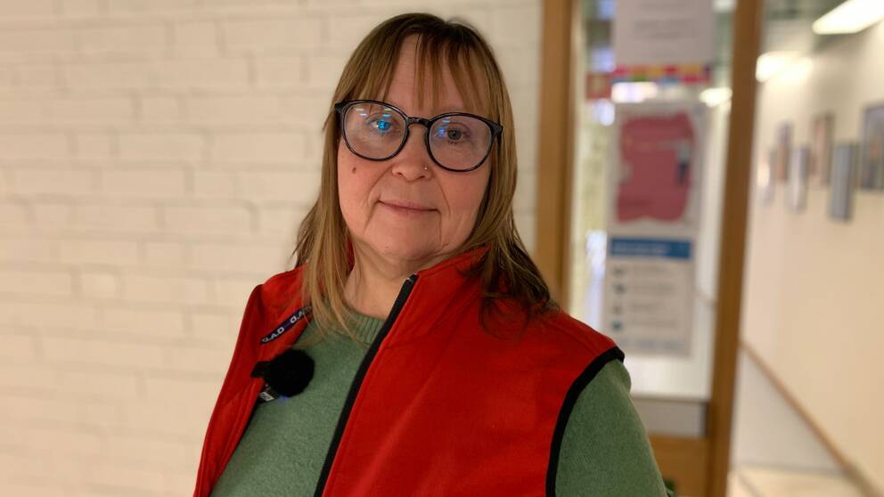 Anki Pettersson har axellångt ljusbrunt hår och pannlugg. Hon har på sig glasögon med svarta bågar och är klädd i en röd väst med en grön tröja under.