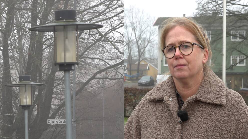 till vänster: gatulykter en dimmig dag. Till höger: Therese Petersson (KD) lyssnar på en intervjufråga. 