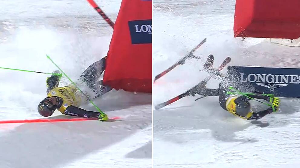 Italienaren Hannes Zingerle kraschade över mållinjen på en skida.