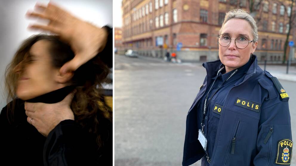 Tvådelad bild med en genrebild på en kvinna som har en hand mot sin hals och kriminalteknikern Anna Jinghede Sundwall i polisuniform.