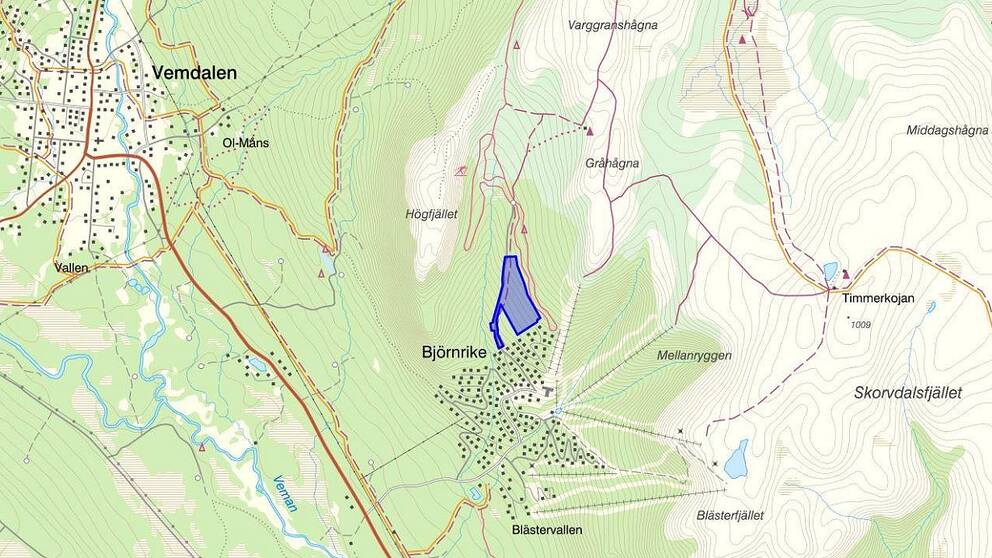 Karta över Vemdalen och Björnrike i Härjedalens kommun. På kartan finns ett område markerat i blått.