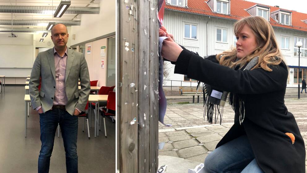 Mats Söderström, tillförordnad verksamhetschef för fastighet står i ett klassrum. Klara Larsson, medlem i SSU sätter upp en affisch till köldupproret.