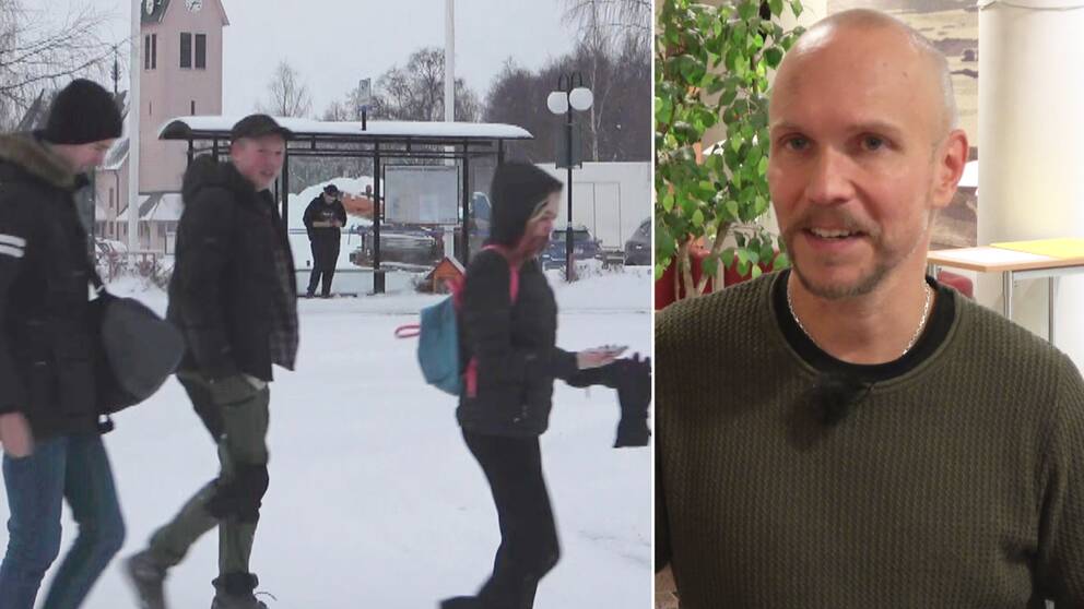 Bildcollage. Ungdomar som promenerar utomhus i Arjeplog. En porträttbild på Fredrik Westerlund, utbildnings- och kulturchef i Arjeplog.