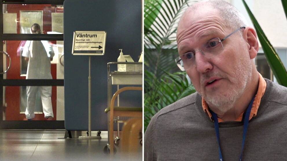 Tvådelad bild med en sjukhuskorridor med en väntrumsskylt och ett porträtt på en bekymrad Göran Karlström, medicinsk ledningsansvarig i Region Värmland.
